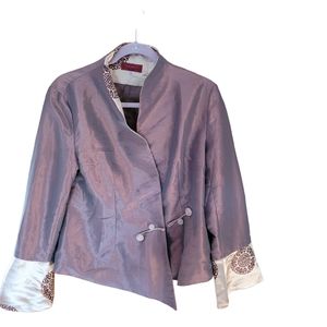 Silver Dragon Jacket Size XL Gold Asian Pattern Wide Sleeve Lined 3 Snap Closure